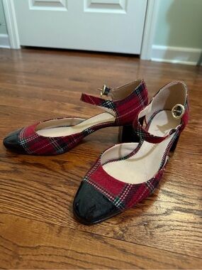 J. Crew Red Plaid Mary Jane Heels with Black Patent Toe